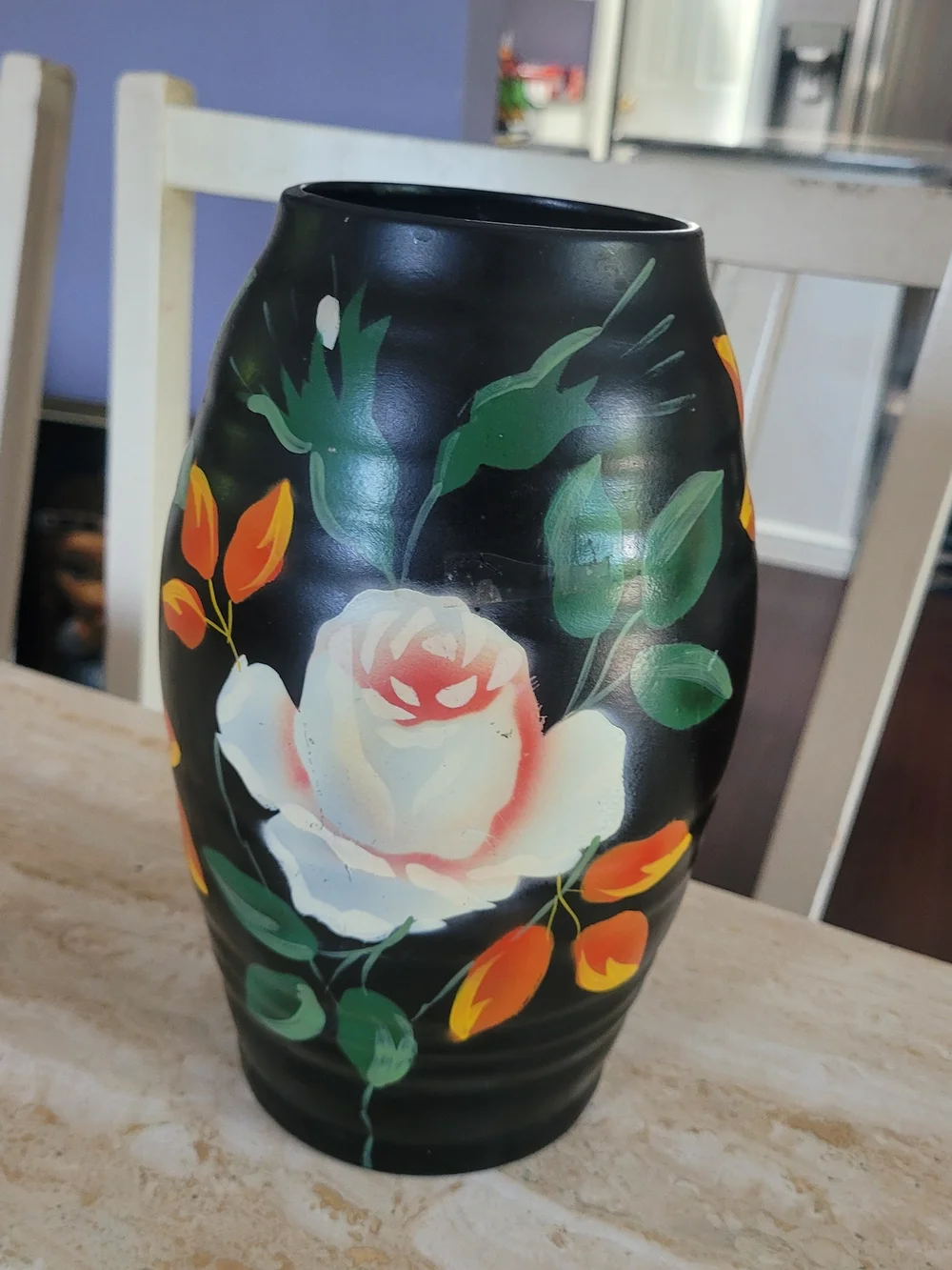 Vintage Black Floral Ceramic Vase with White Rose and Orange Buds